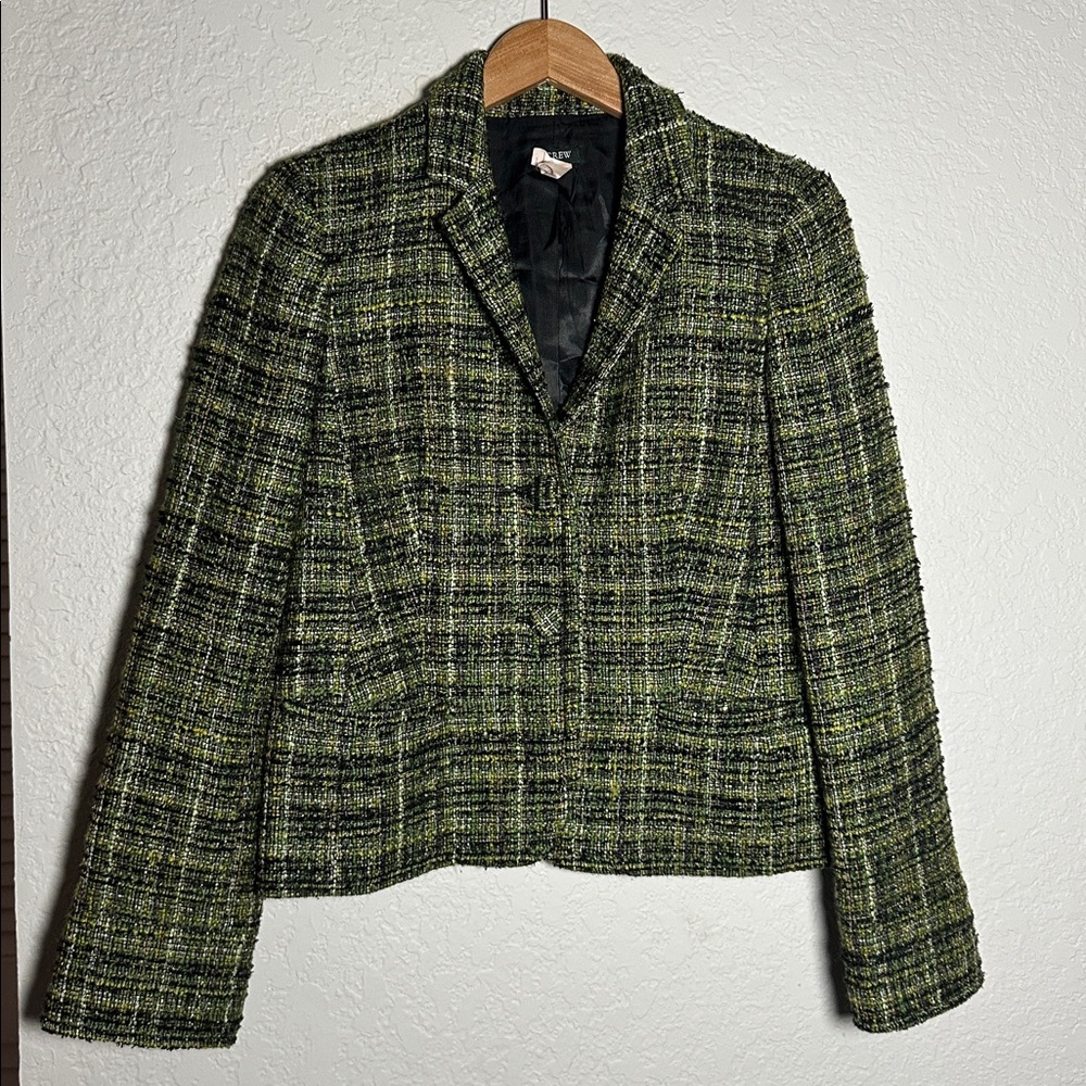 J. Crew Wool Tweed Blazer Green Jacket Boucle 2 Buttons Pockets Preppy Classic